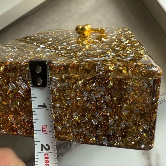 EDIE PARKER ACRYLIC CLUTCH – GOLD CONFETTI & RAINBOW STRIPE | HANDMADE | RARE - Picture 8 of 17